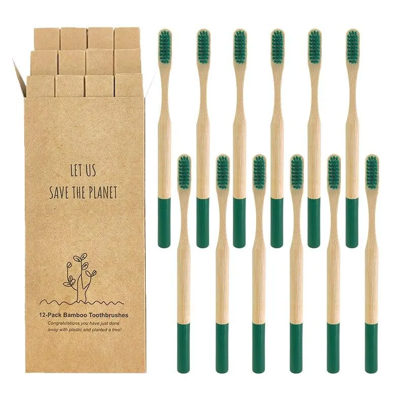 12 Pcs Natural Eco-Friendly Bamboo Handle Medium Bristle Toothbrushes