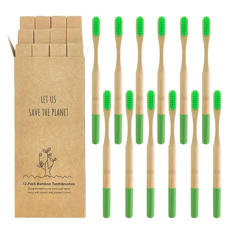 12 Pcs Natural Eco-Friendly Bamboo Handle Medium Bristle Toothbrushes