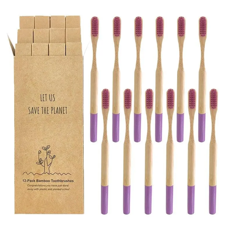 12 Pcs Natural Eco-Friendly Bamboo Handle Medium Bristle Toothbrushes