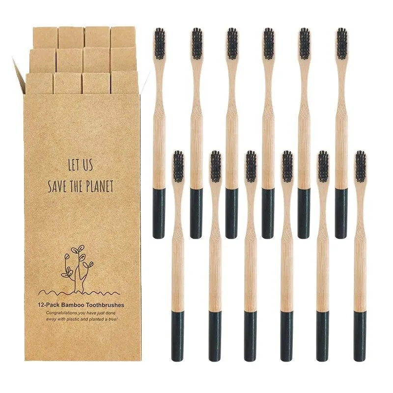 12 Pcs Natural Eco-Friendly Bamboo Handle Medium Bristle Toothbrushes