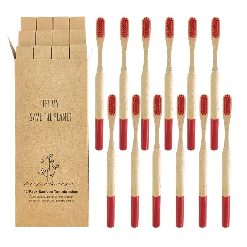 12 Pcs Natural Eco-Friendly Bamboo Handle Medium Bristle Toothbrushes