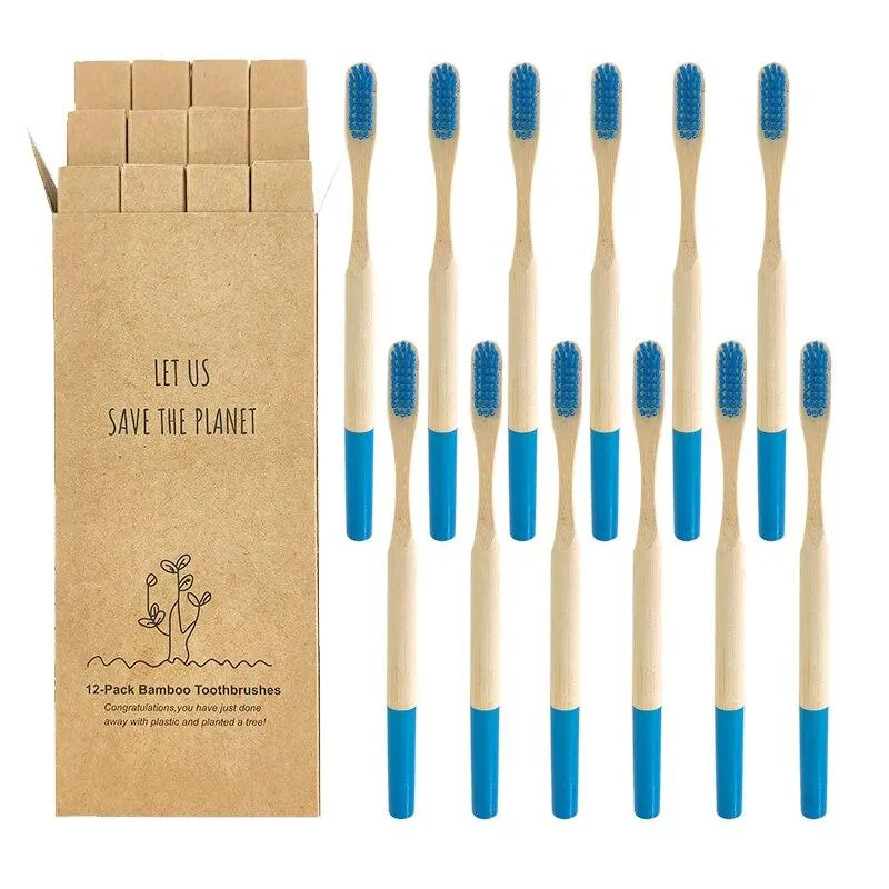 12 Pcs Natural Eco-Friendly Bamboo Handle Medium Bristle Toothbrushes