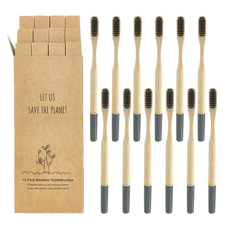 12 Pcs Natural Eco-Friendly Bamboo Handle Medium Bristle Toothbrushes