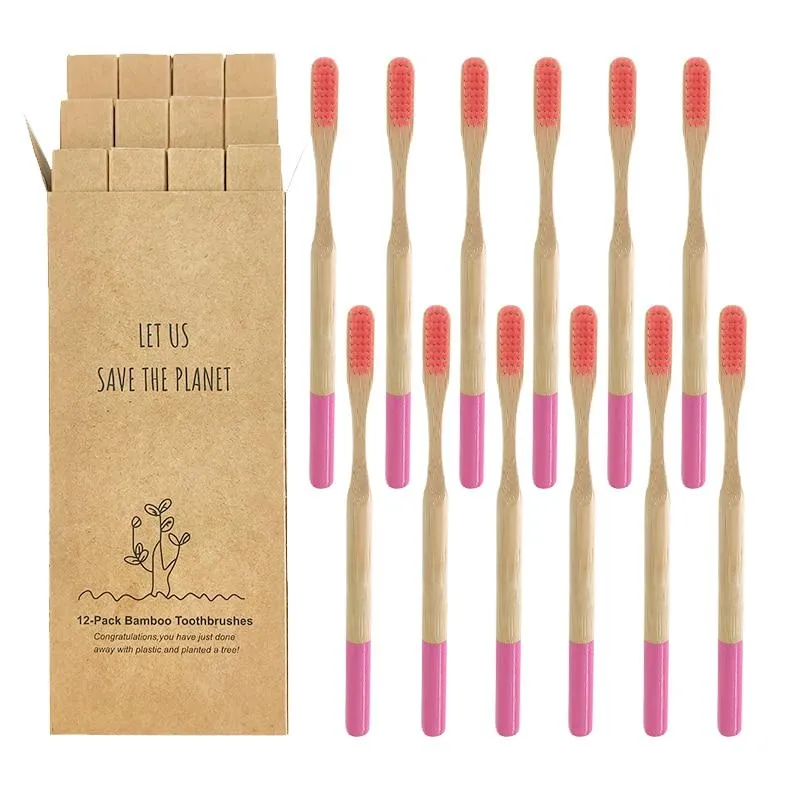 12 Pcs Natural Eco-Friendly Bamboo Handle Medium Bristle Toothbrushes