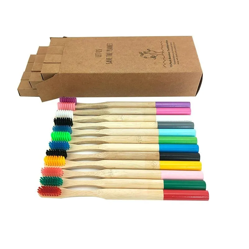 12 Pcs Natural Eco-Friendly Bamboo Handle Medium Bristle Toothbrushes