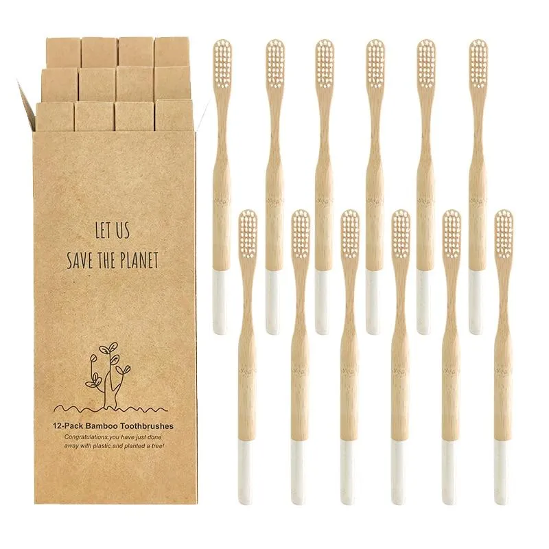 12 Pcs Natural Eco-Friendly Bamboo Handle Medium Bristle Toothbrushes