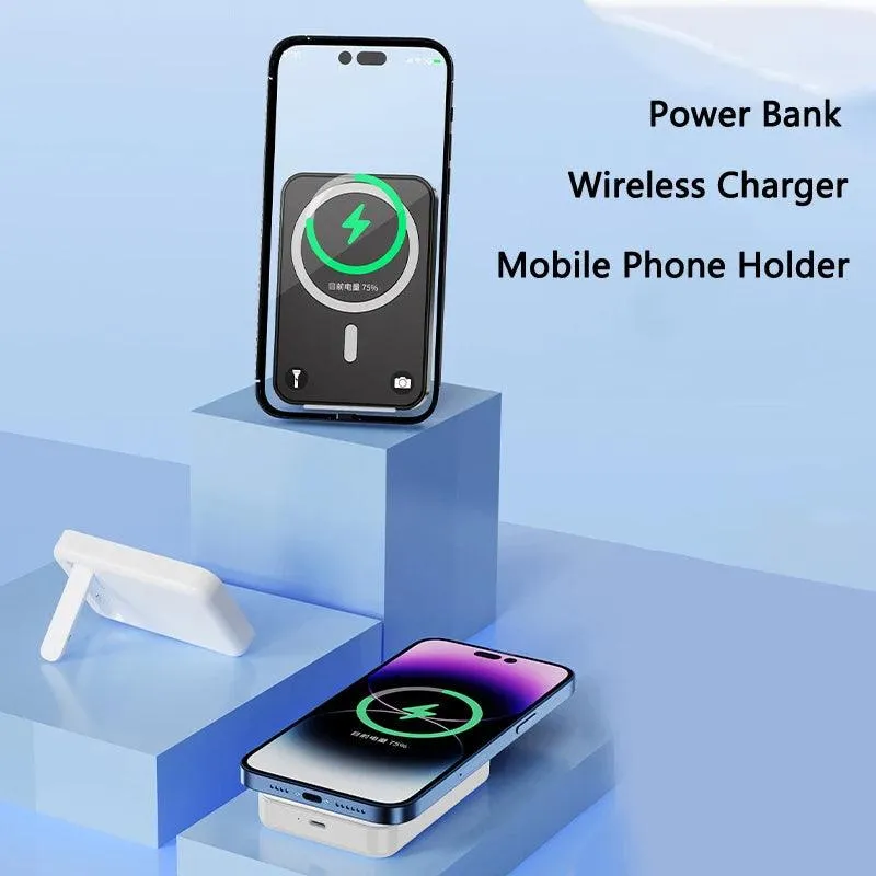 15W Magnetic Wireless Power Bank with 10000mAh Capacity - Compact Charger with Foldable Stand for iPhone 15, Samsung, Huawei, and Xiaomi