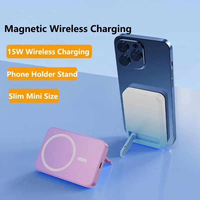 15W Magnetic Wireless Power Bank with 10000mAh Capacity - Compact Charger with Foldable Stand for iPhone 15, Samsung, Huawei, and Xiaomi