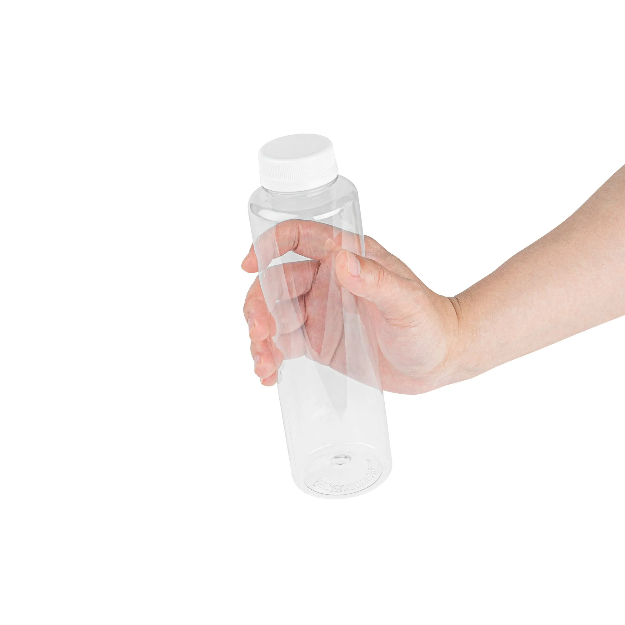 16 oz Round Clear Plastic Cold Pressed Juice Bottle - with Safety Cap - 2 1/4" x 2 1/4" x 7 1/4" - 100 count box