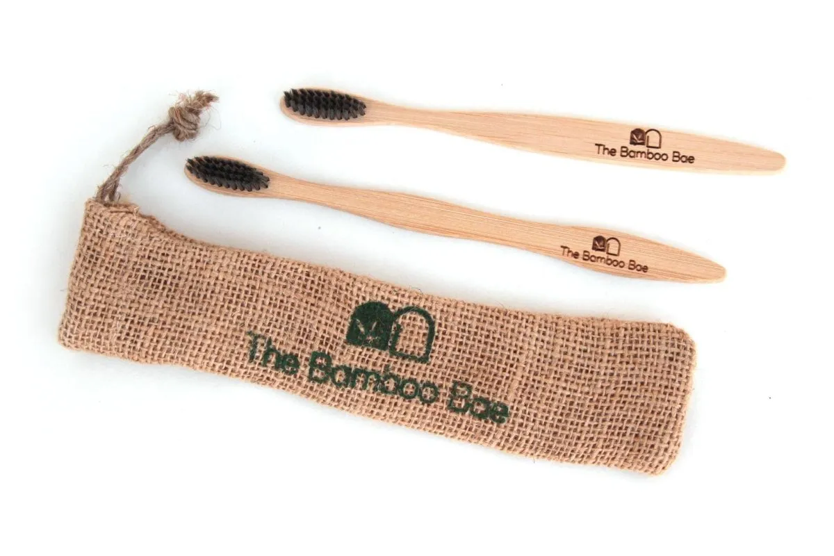 Bamboo Toothbrush | Charcoal Bristles | With Reusable Jute Pouch