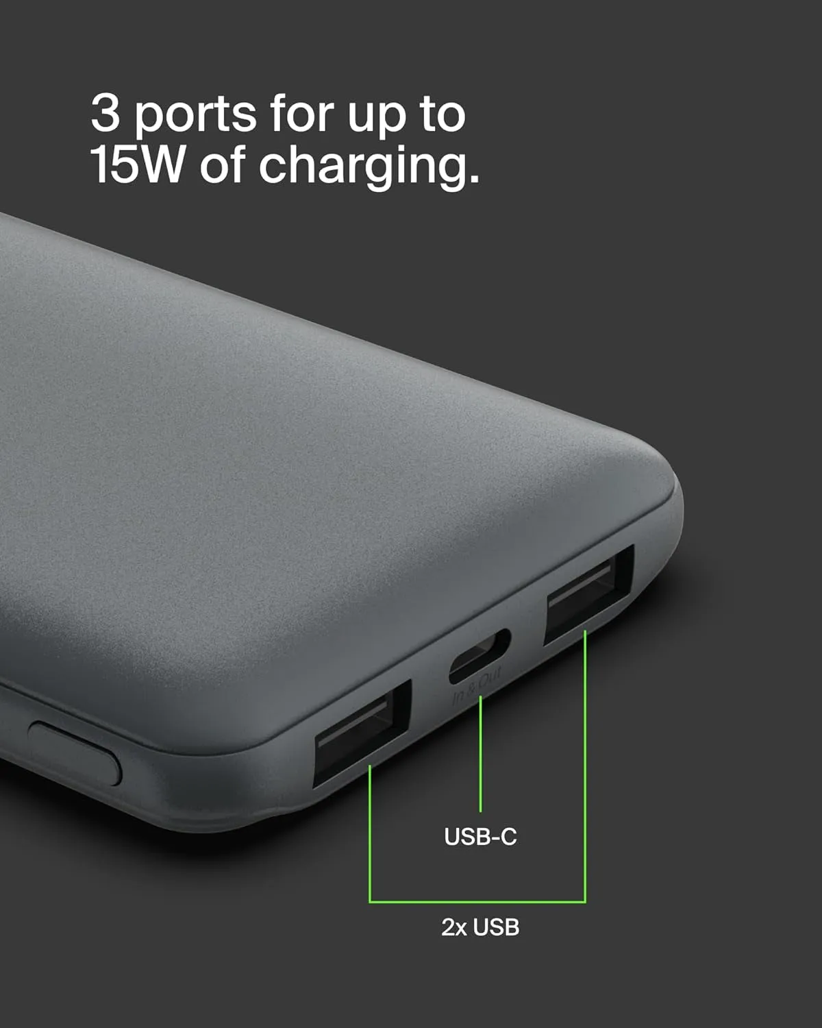 Belkin Portable Charger, USB-C Power Bank 10K W/ 1 USB-C Port and 2 USB-A Ports with USB-A to USB-C Cable for Iphone 16, 16 Plus, 16 Pro, 16 Pro Max, Samsung Galaxy S24, & More - Gray