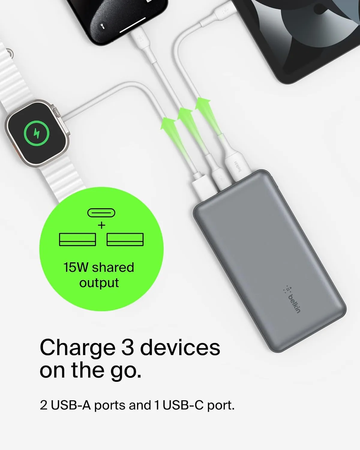 Belkin Portable Charger, USB-C Power Bank 10K W/ 1 USB-C Port and 2 USB-A Ports with USB-A to USB-C Cable for Iphone 16, 16 Plus, 16 Pro, 16 Pro Max, Samsung Galaxy S24, & More - Gray