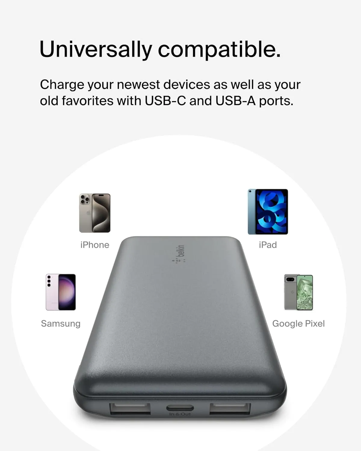 Belkin Portable Charger, USB-C Power Bank 10K W/ 1 USB-C Port and 2 USB-A Ports with USB-A to USB-C Cable for Iphone 16, 16 Plus, 16 Pro, 16 Pro Max, Samsung Galaxy S24, & More - Gray