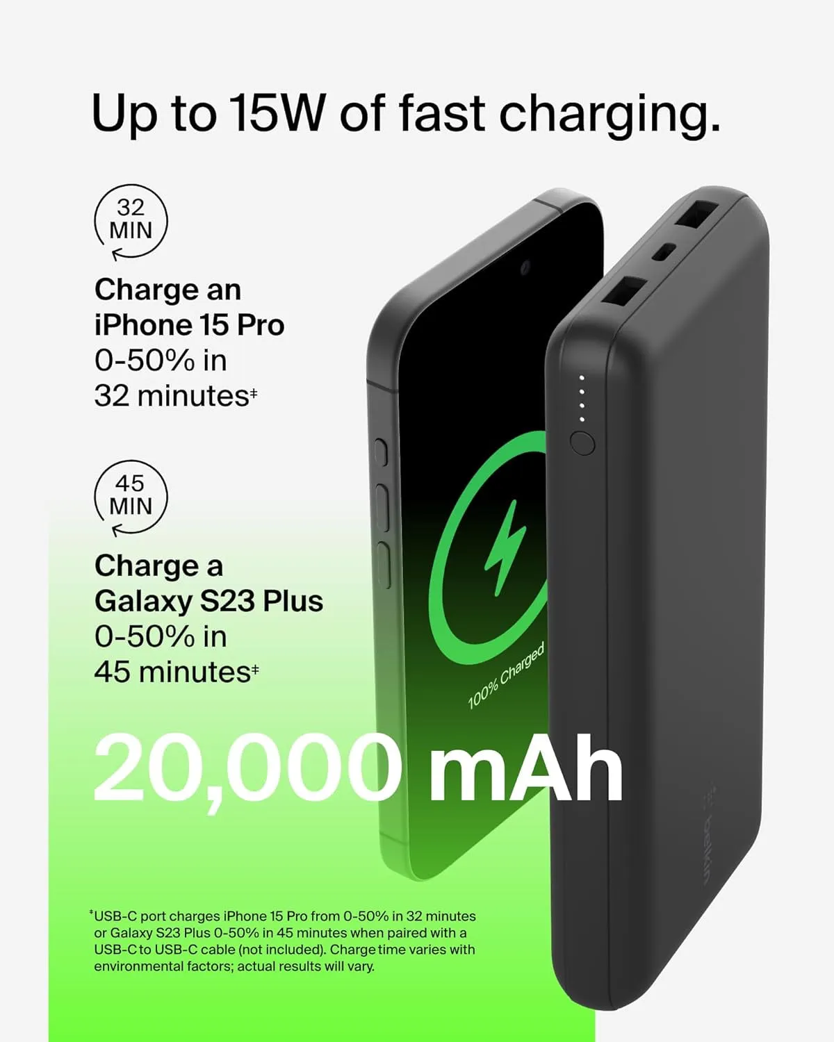 Belkin Portable Charger, USB-C Power Bank 20K W/ 1 USB-C Port and 2 USB-A Ports with USB-A to USB-C Cable for Iphone 16, 16 Plus, 16 Pro, 16 Pro Max, Samsung Galaxy S24, & More - Black