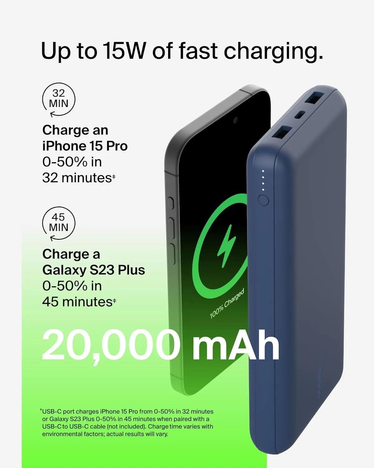 Belkin Portable Charger, USB-C Power Bank 20K W/ 1 USB-C Port and 2 USB-A Ports with USB-A to USB-C Cable for Iphone 16, 16 Plus, 16 Pro, 16 Pro Max, Samsung Galaxy S24, & More - Blue