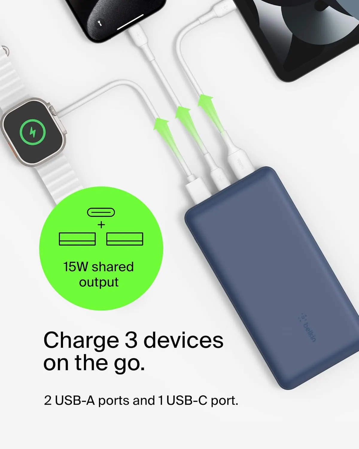 Belkin Portable Charger, USB-C Power Bank 20K W/ 1 USB-C Port and 2 USB-A Ports with USB-A to USB-C Cable for Iphone 16, 16 Plus, 16 Pro, 16 Pro Max, Samsung Galaxy S24, & More - Blue