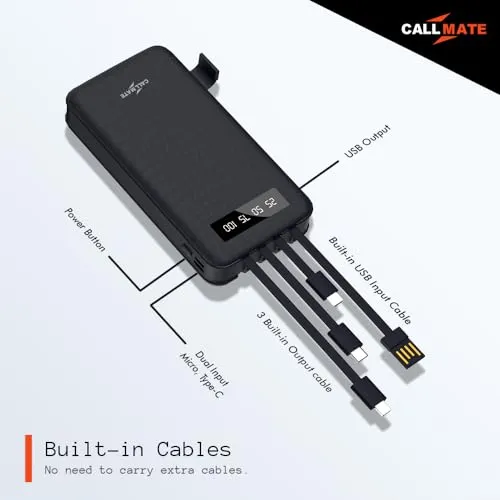 Callmate 20000mAh with Mobile Holder Power Bank, 15W Fast Charging| Buit-in Cables | 4 Output Ports and 3 Input |for iPhone, Smartphones & Other Devices (15 W, Fast Charging) (Black, Lithium Polymer)