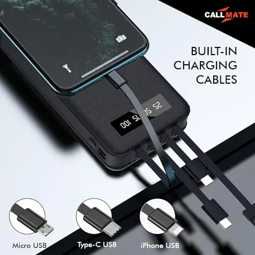 Callmate 20000mAh with Mobile Holder Power Bank, 15W Fast Charging| Buit-in Cables | 4 Output Ports and 3 Input |for iPhone, Smartphones & Other Devices (15 W, Fast Charging) (Black, Lithium Polymer)