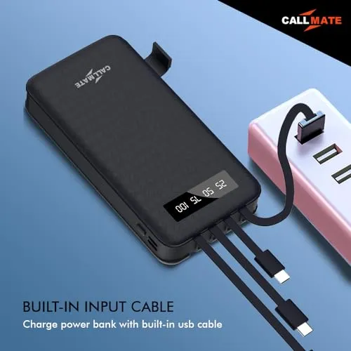 Callmate 20000mAh with Mobile Holder Power Bank, 15W Fast Charging| Buit-in Cables | 4 Output Ports and 3 Input |for iPhone, Smartphones & Other Devices (15 W, Fast Charging) (Black, Lithium Polymer)