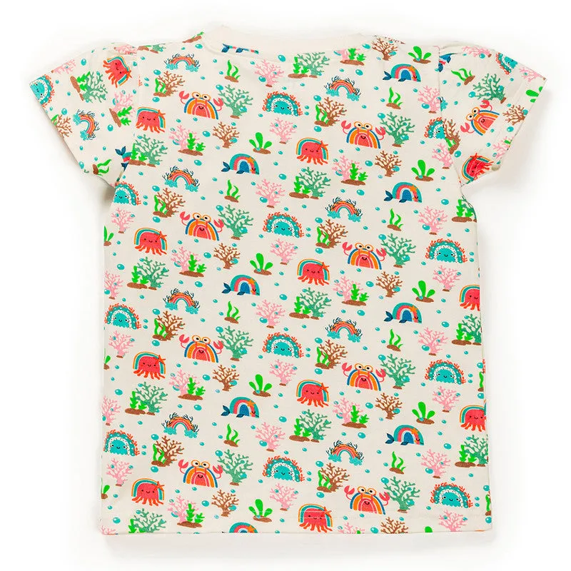 Cotton T-Shirt For Kids | Sea Life Printed | White