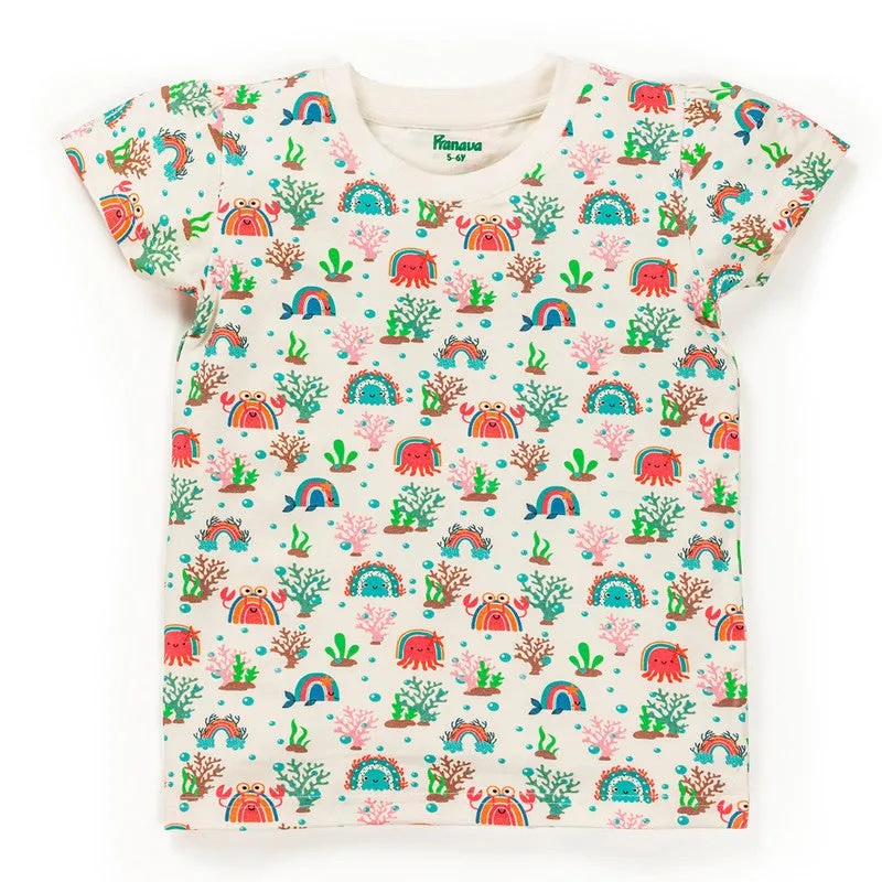 Cotton T-Shirt For Kids | Sea Life Printed | White