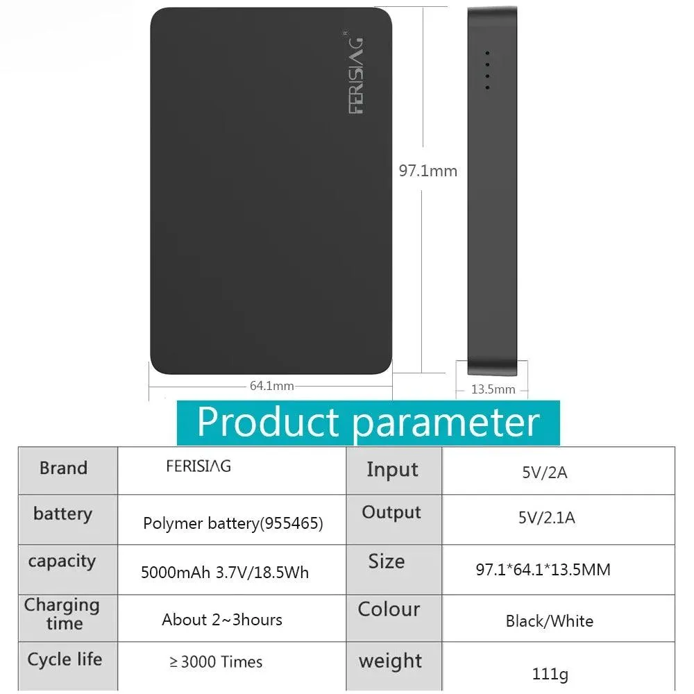 FERISING 5000mAh Ultra-Slim Portable Power Bank with Type-C Fast Charging for All Smartphones