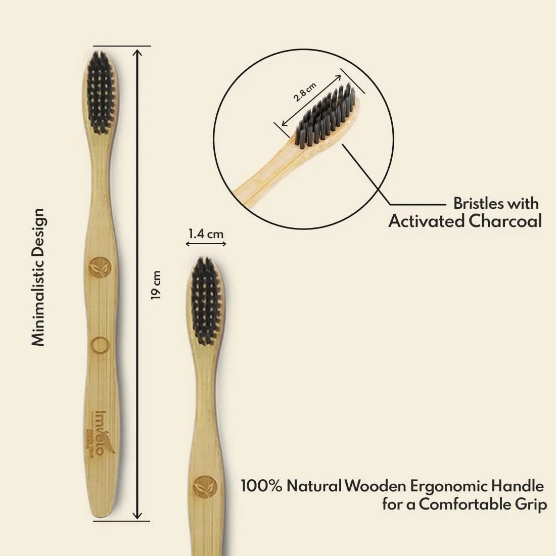 Imvelo Adult Bamboo Toothbrush |Charcoal Activated Soft Bristles| Biodegradable & Bamboo Brush