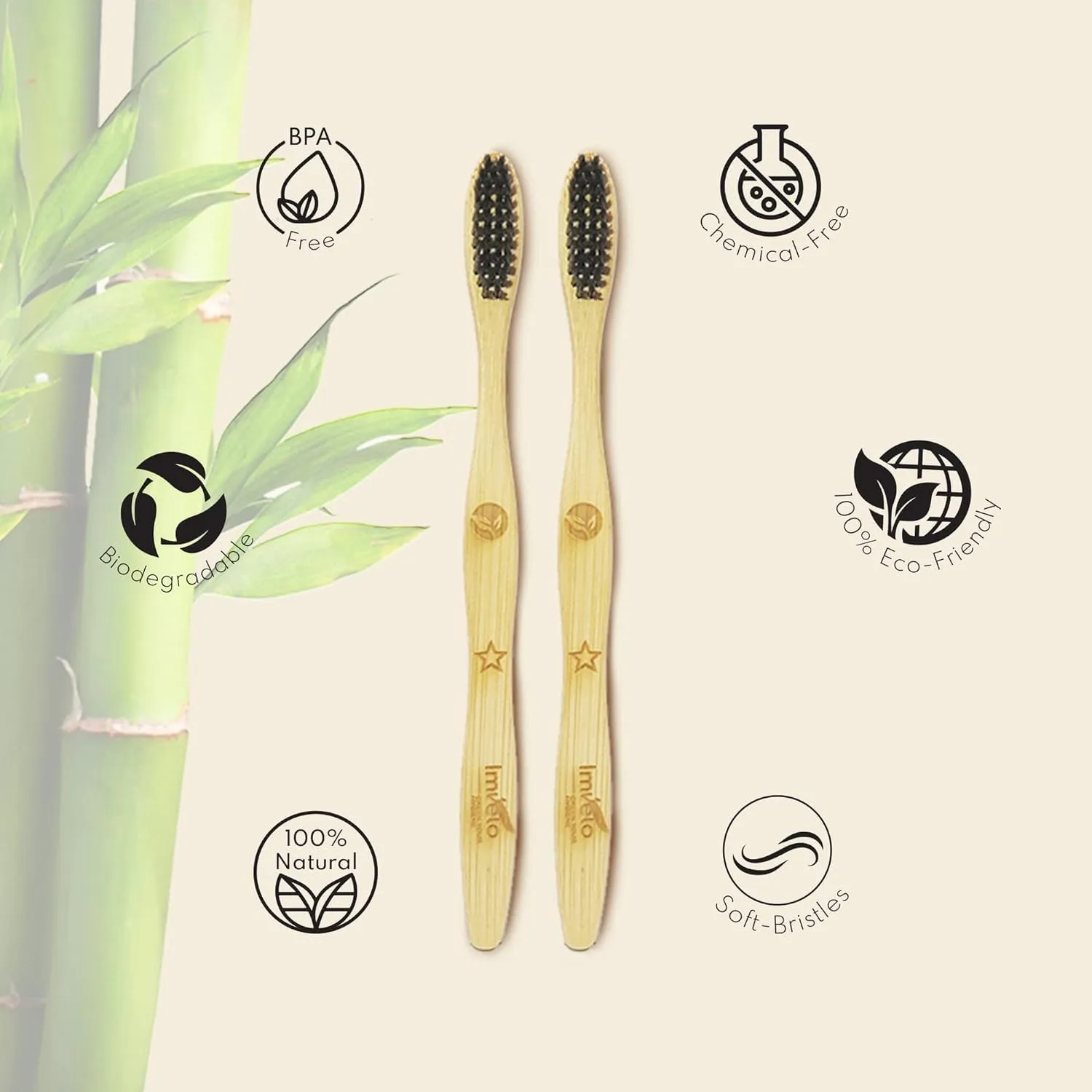 Imvelo Adult Bamboo Toothbrush |Charcoal Activated Soft Bristles| Biodegradable & Bamboo Brush