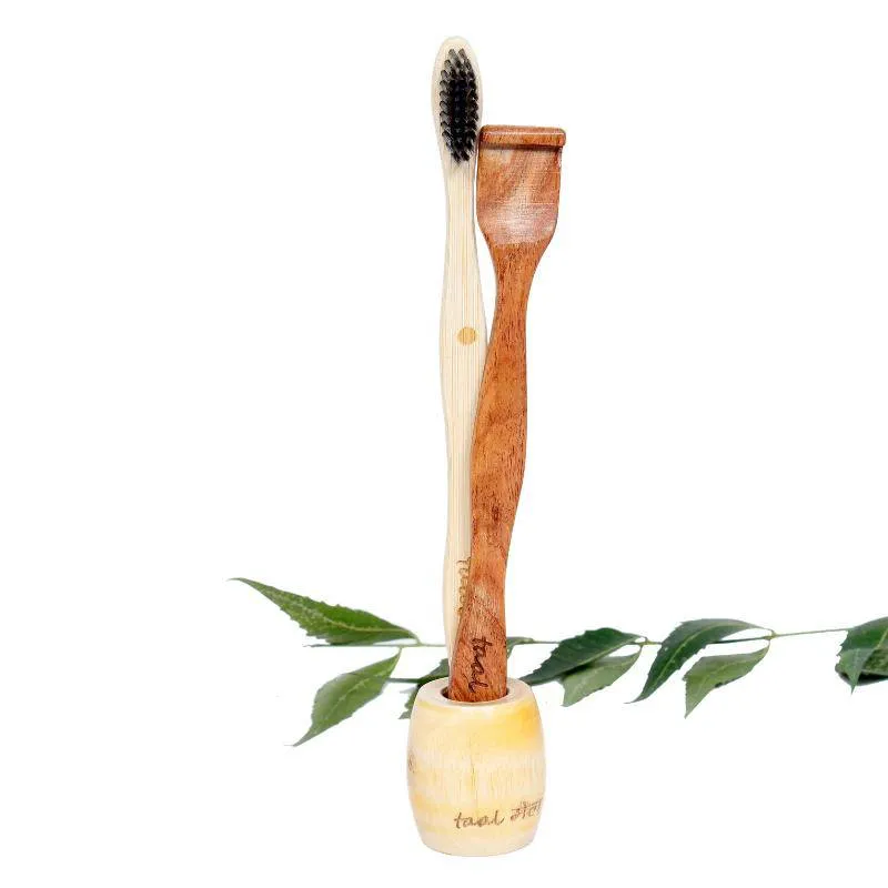 Oral Care Set  Bamboo Toothbrush, Neem Wood Tongue Cleaner and Bamboo Holder - Pack of 1