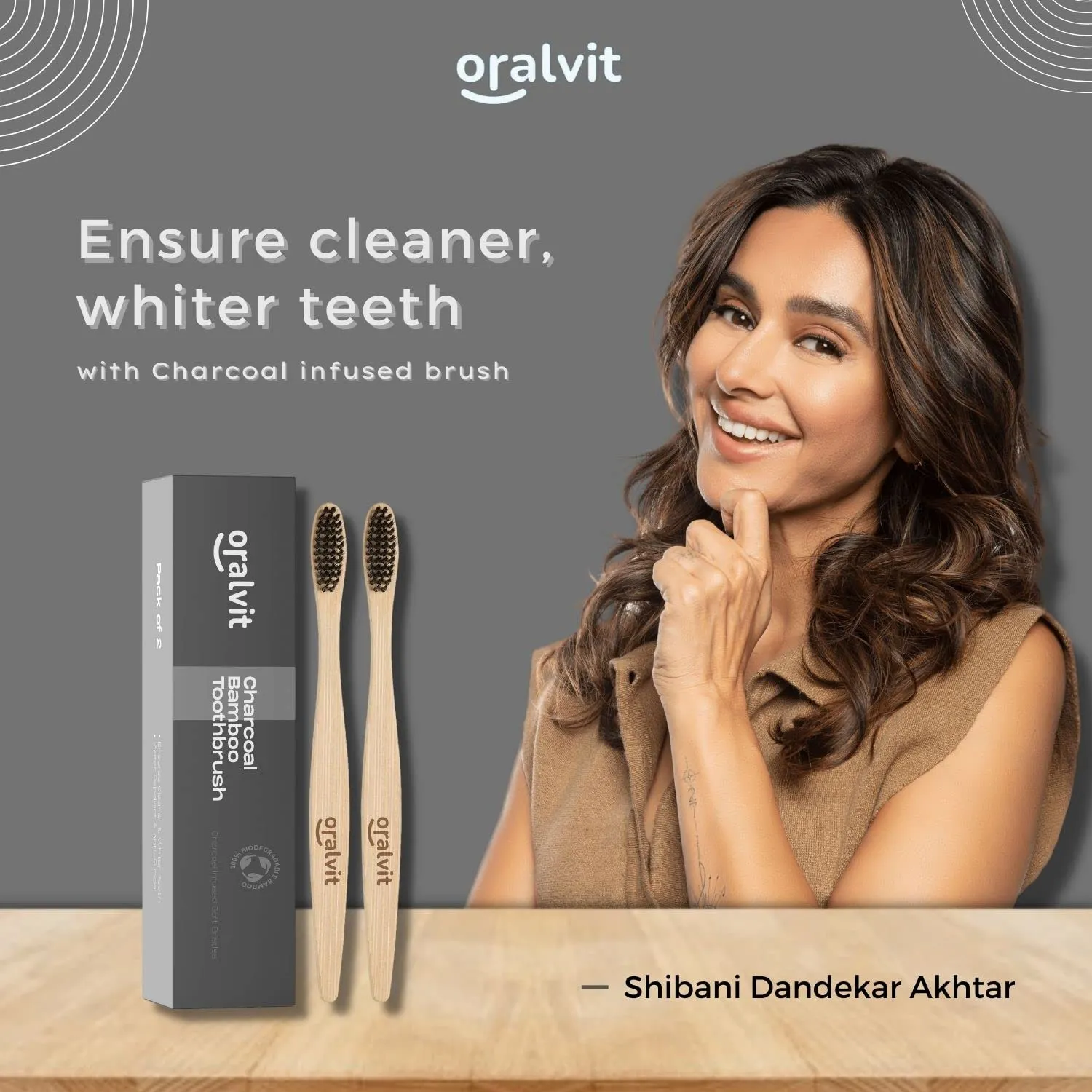 Oralvit Bamboo Charcoal Toothbrush 100% Natural | Anti-bacterial & Biodegradable | Eco-Friendly | For Adults & Kids | BPA Free - Pack of 2 (Pack of 2)