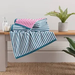 Original Dunelm Double Sided Fuscia And Peacock Striped Towel