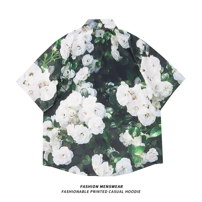 Oversized American Camellia Print Short Sleeve Shirts