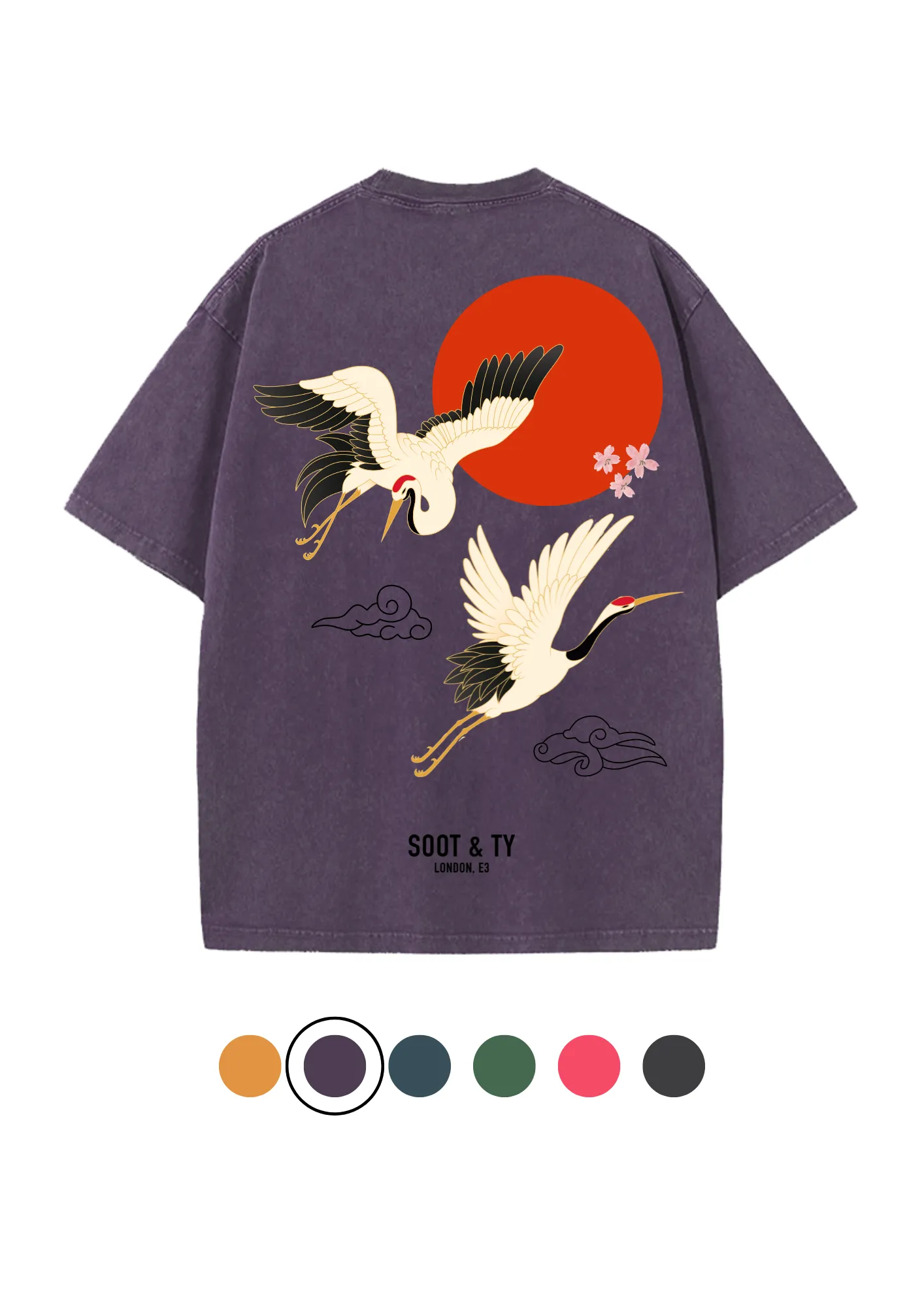 Soot and Ty Flying Crane Print Relaxed Fit Stonewash T-shirt