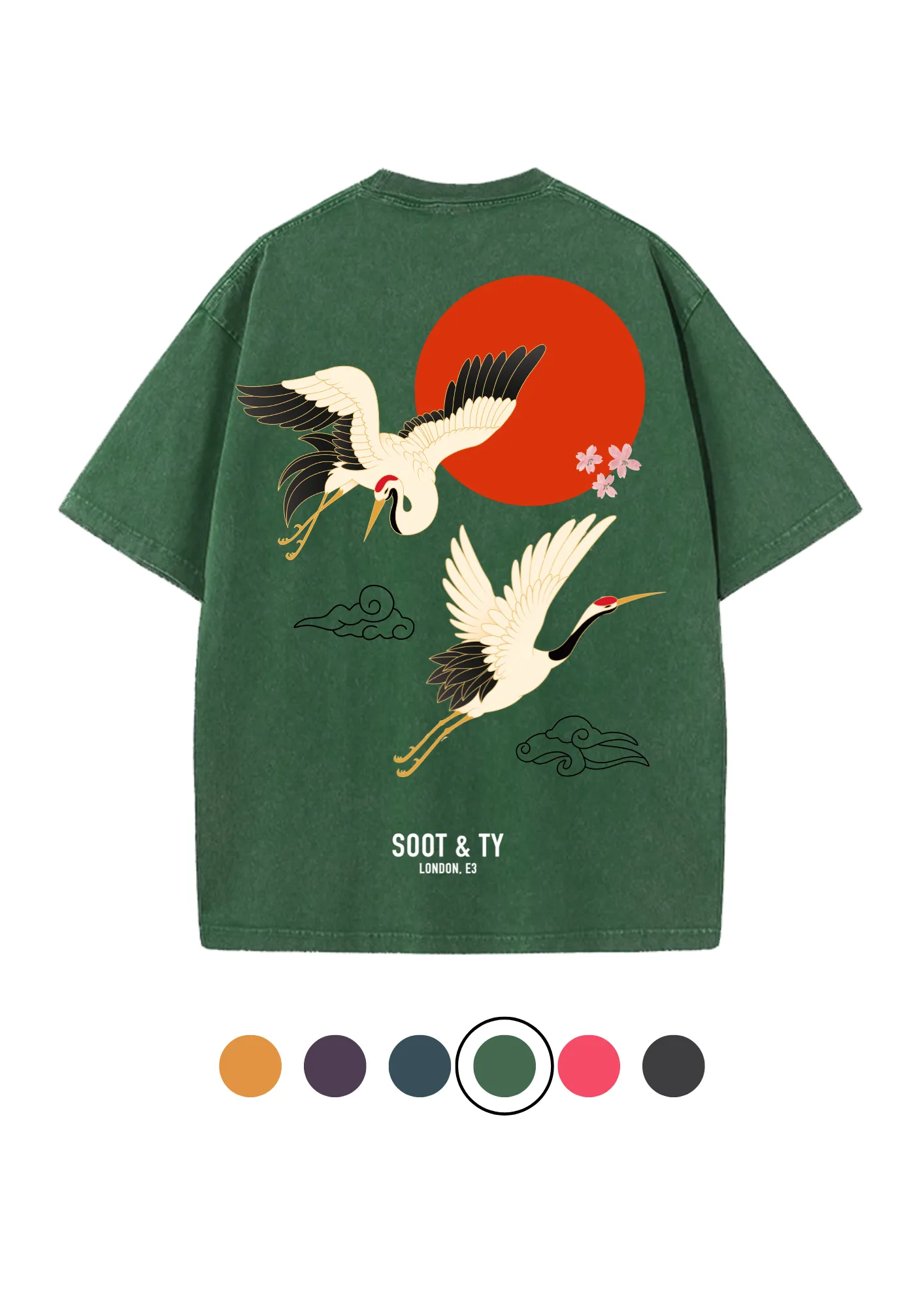 Soot and Ty Flying Crane Print Relaxed Fit Stonewash T-shirt