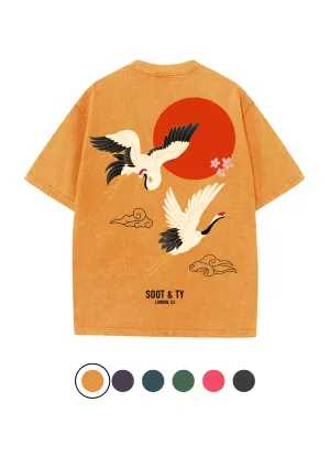 Soot and Ty Flying Crane Print Relaxed Fit Stonewash T-shirt