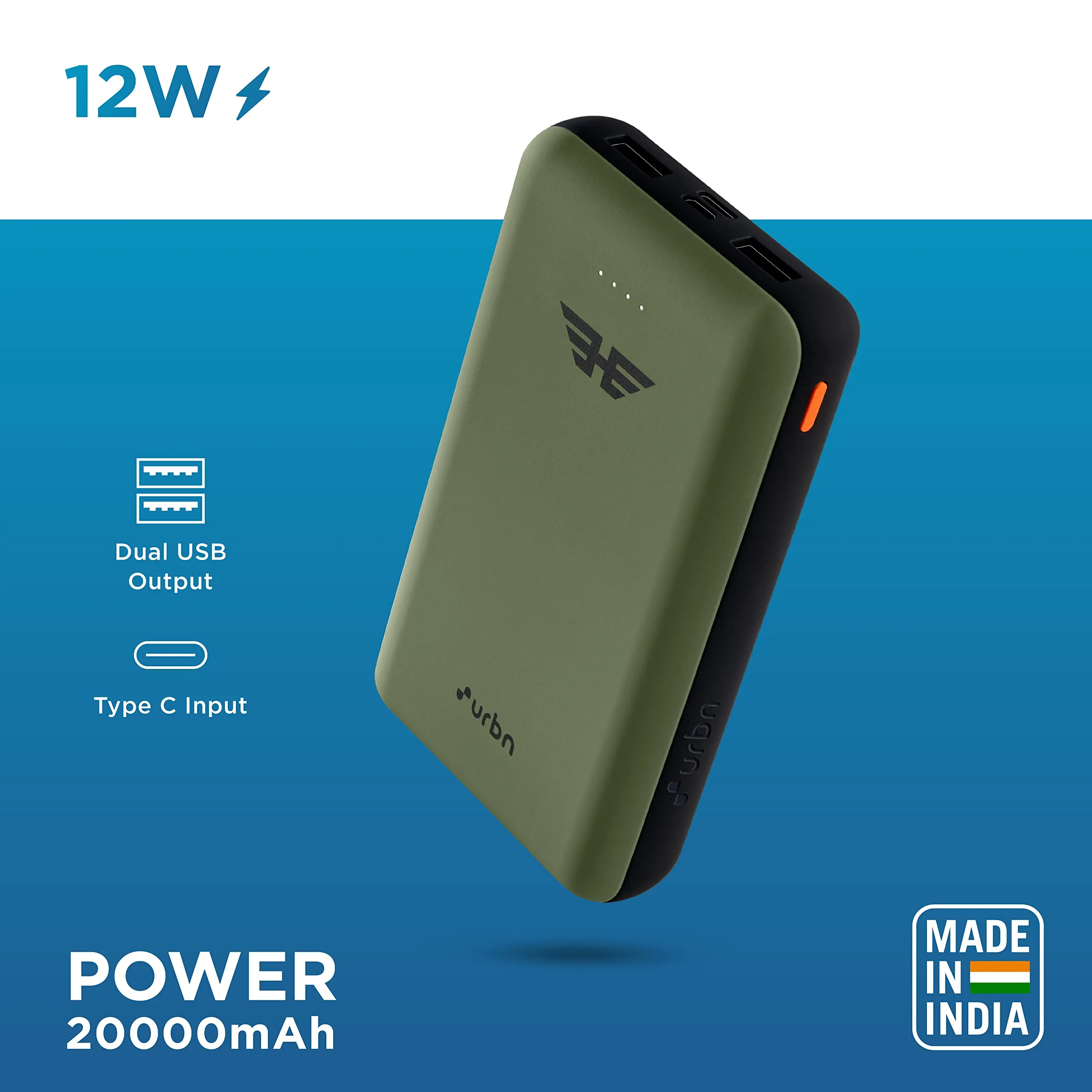 URBN 20000 mAh Li-Polymer Ultra Compact Power Bank | 12W Fast Charge | Dual USB Output | Type C & Micro Input Only | Pocket Size | Made in India (Camo)