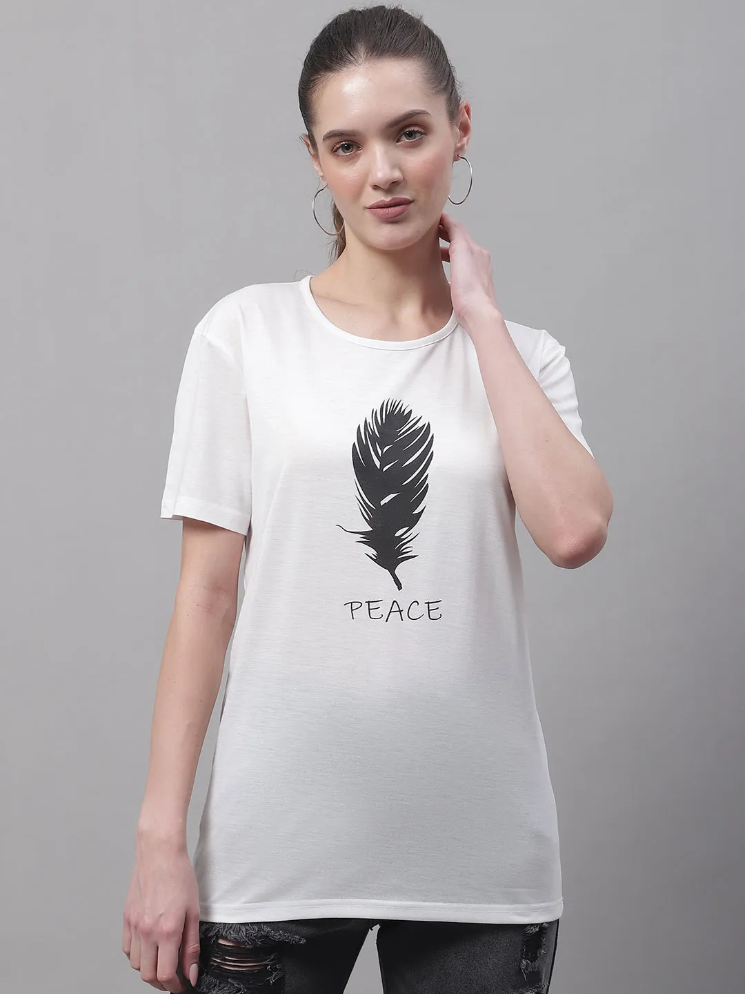 Vimal Jonney Round Neck Cotton Printed White T-Shirt for Women