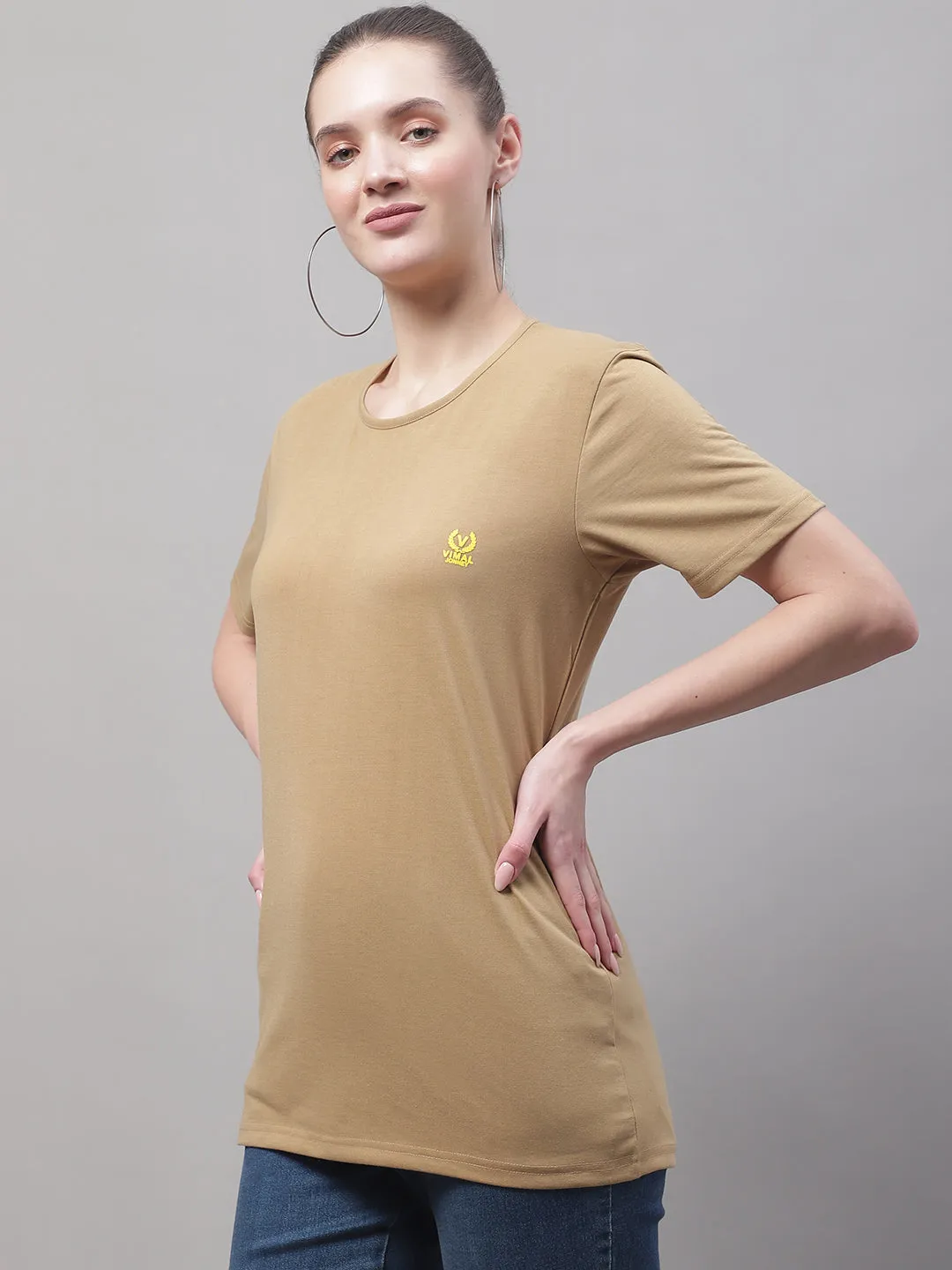 Vimal Jonney Round Neck Cotton Solid Mud T-Shirt for Women